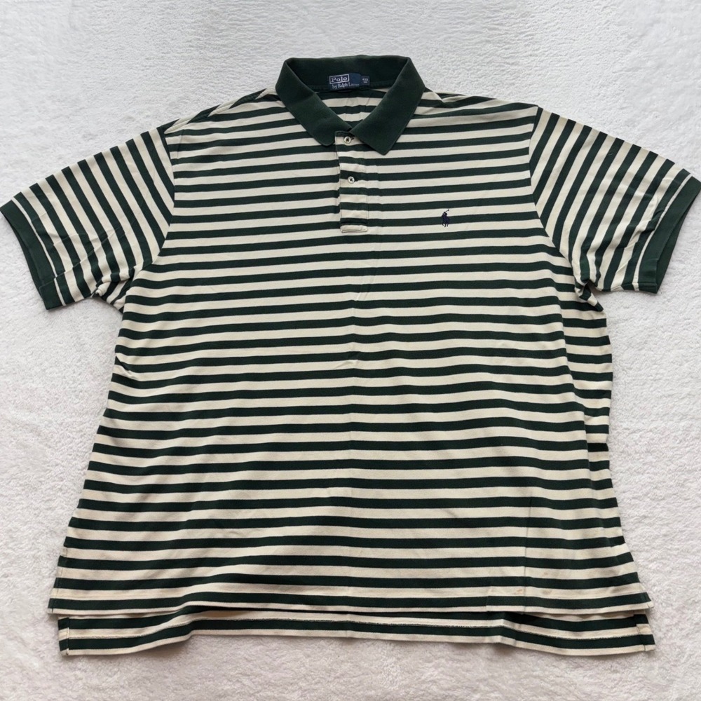 Polo Ralph Lauren Mens 4XB Green Cream Striped Short Sleeve Pique Polo Shirt